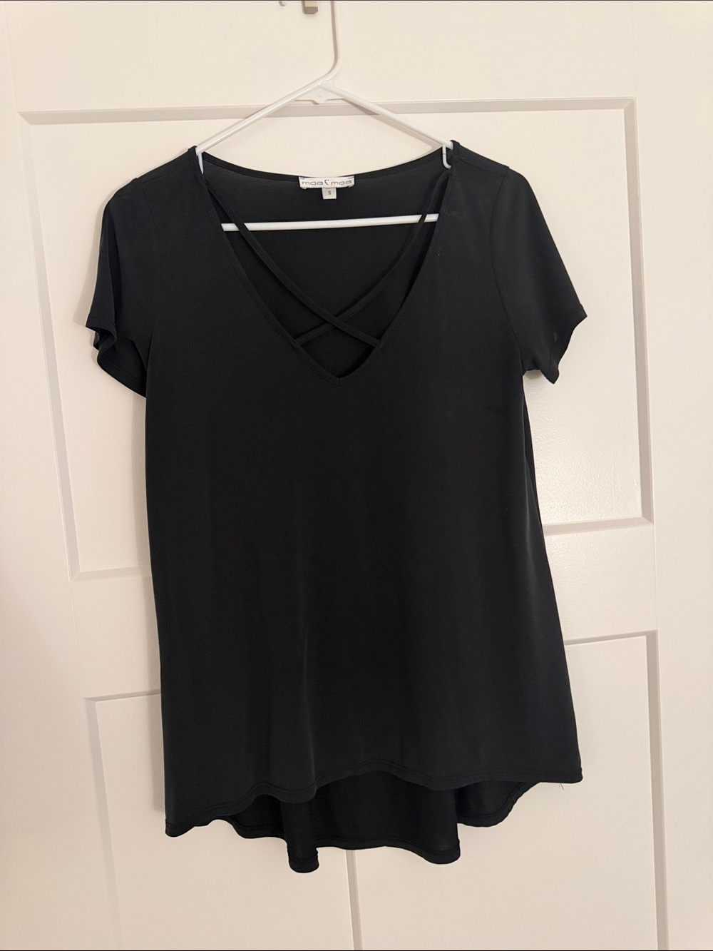 MoaMoa Black Crisscross V-Neck Women's Top